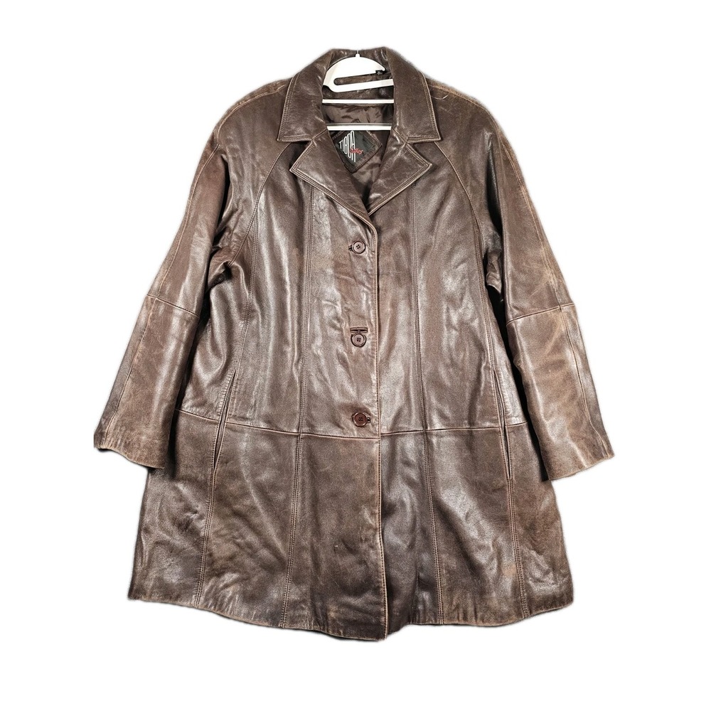Vintage Tibor Leather Trench Coat Jacket Womens XL Brown Full‎ Zip Long Lined